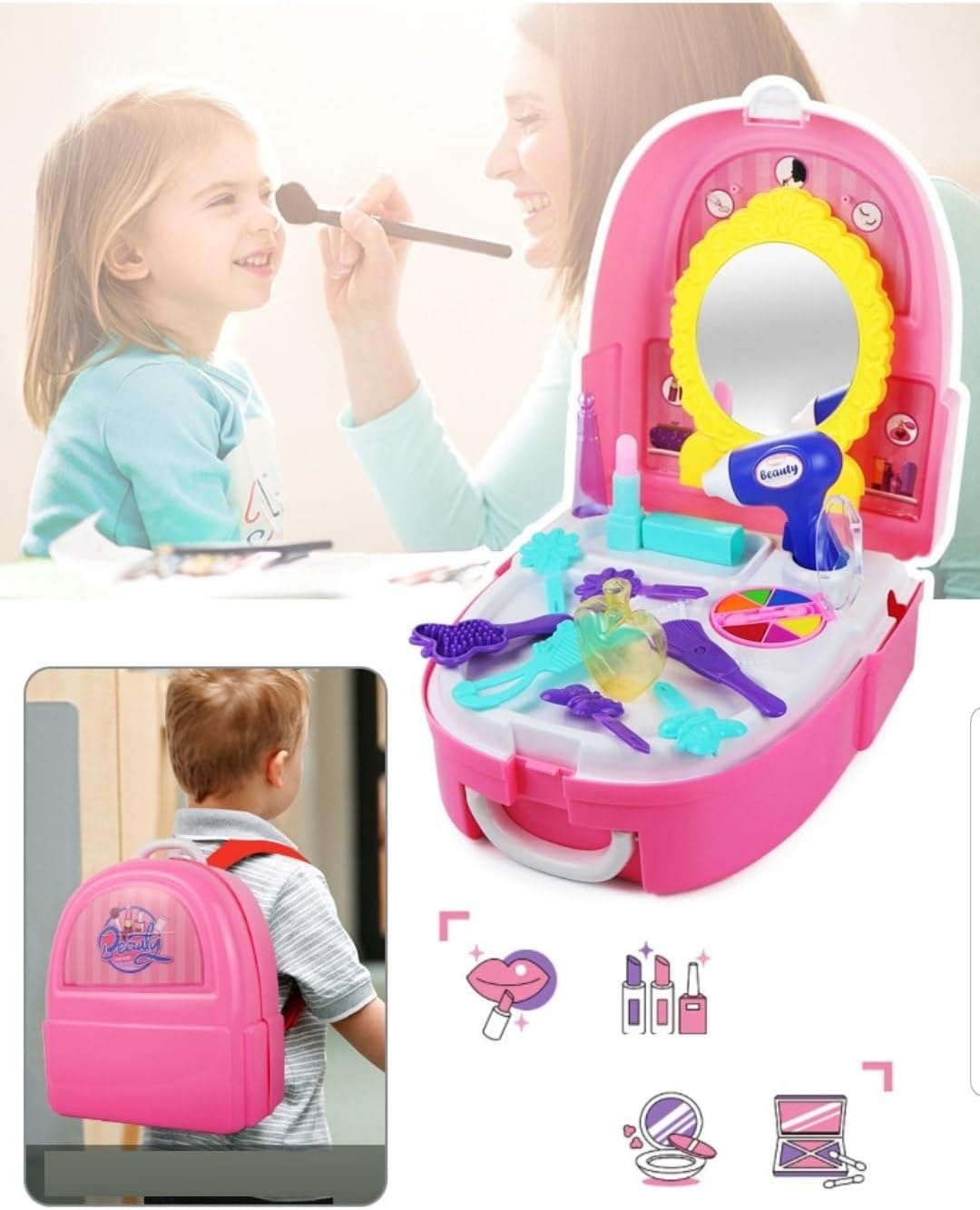 Backpack Hairdresser Makeup Jewelry Set with Accessories – Beauty Princess Toy Kit (Assorted Colours) 💄🎀