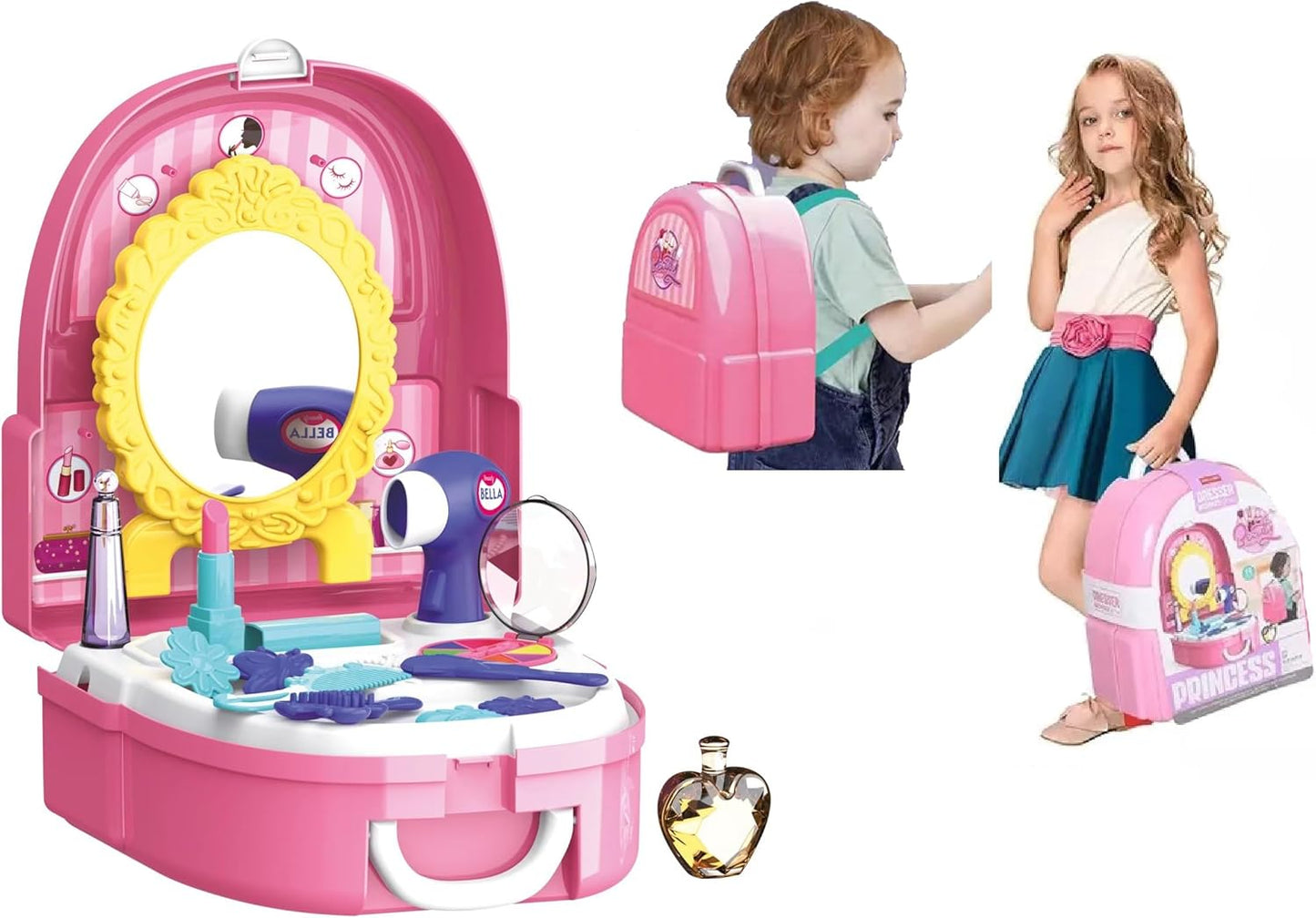 Backpack Hairdresser Makeup Jewelry Set with Accessories – Beauty Princess Toy Kit (Assorted Colours) 💄🎀