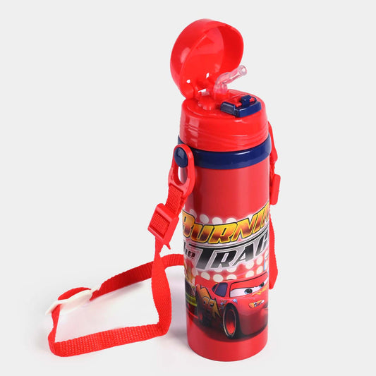 Cars-Themed Plastic School Water Bottle with Silicon Straw & Strap