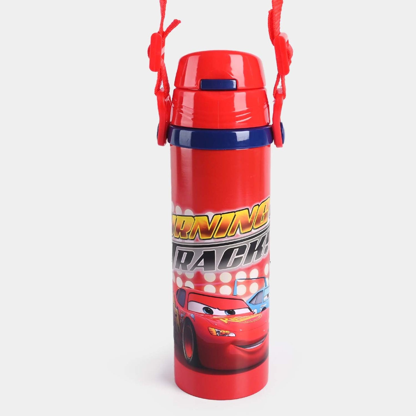 Cars-Themed Plastic School Water Bottle with Silicon Straw & Strap