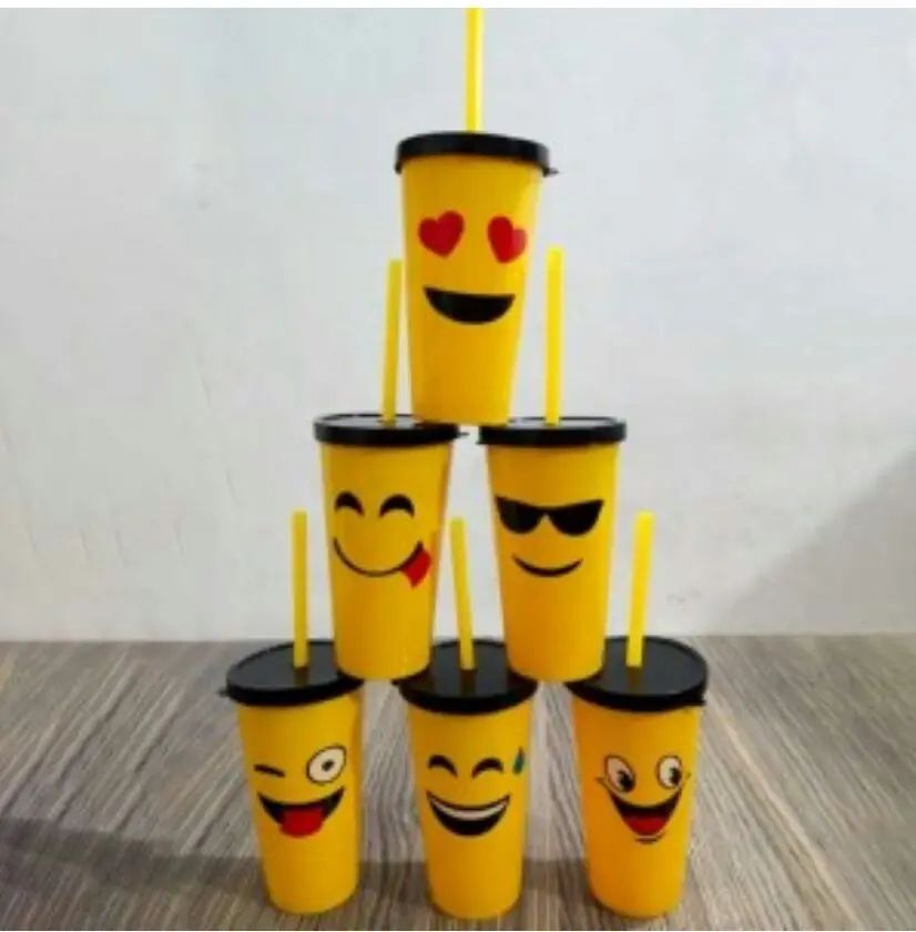 Emoji Glass with Straw for Children | Fun Plastic Juice Glass with Straw